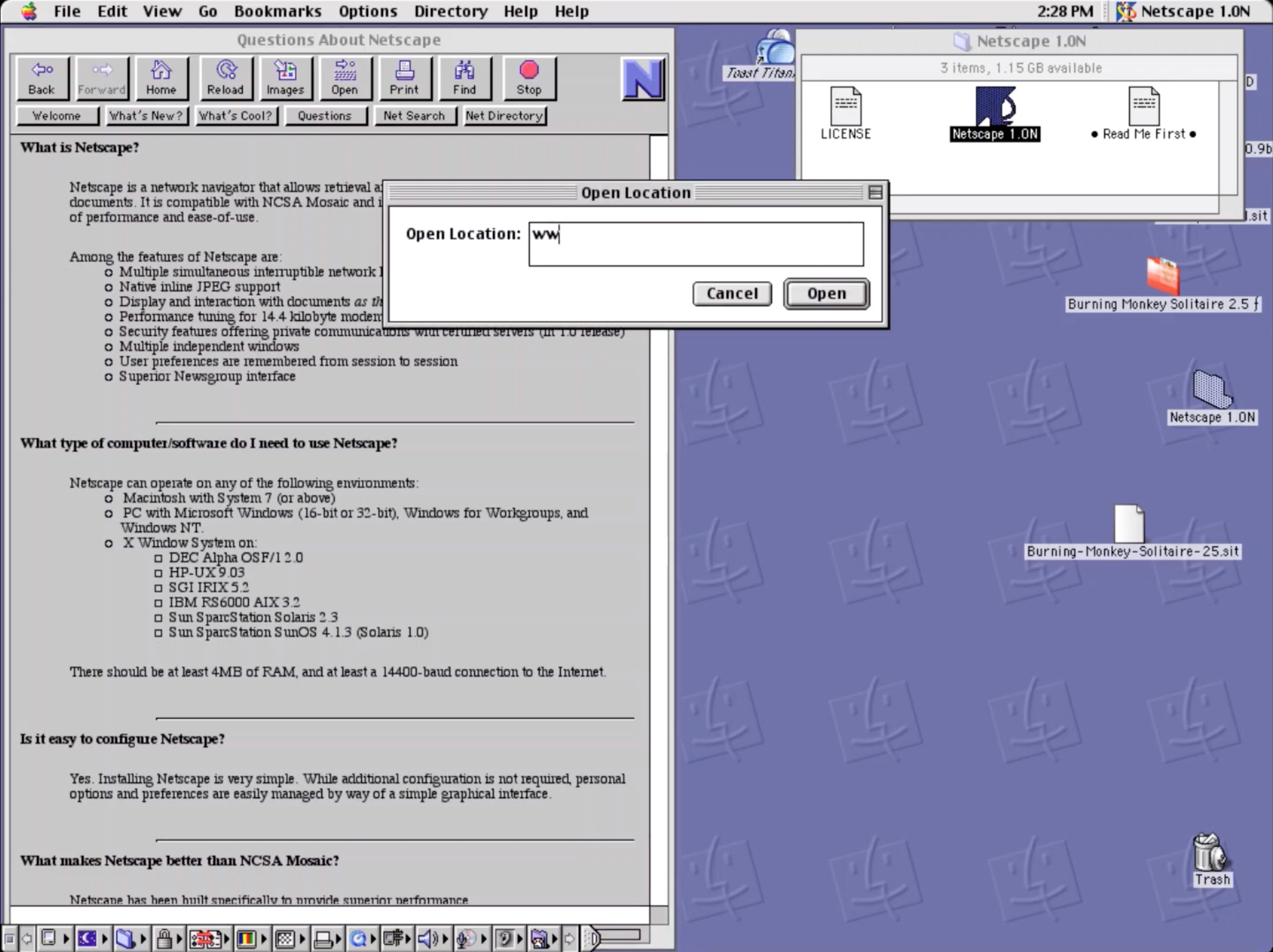 Netscape Navigator 1.0N Browser for Mac Open Location Dialog (1994)